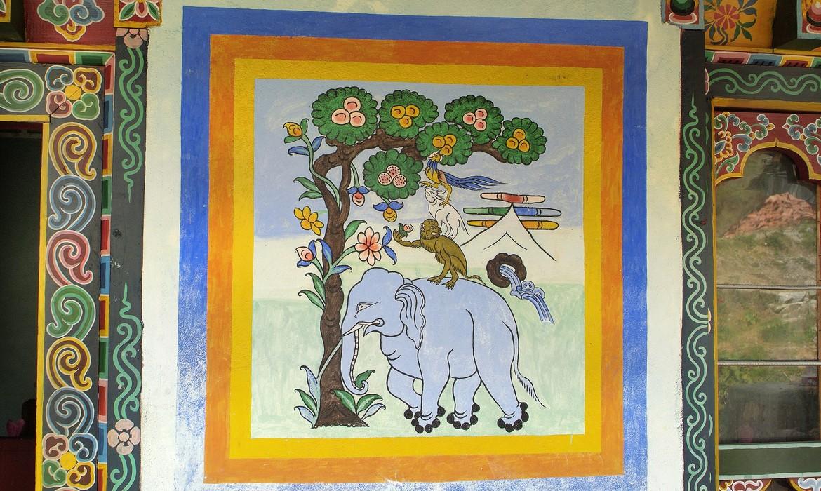 Wall painting of the four friends - a Tibetan symbol, Mongar