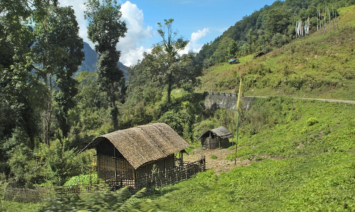 Home with traditional bamboo roofing, Trashigang