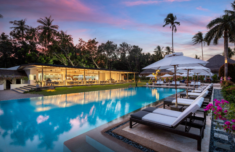 Pool & Restaurant at dusk