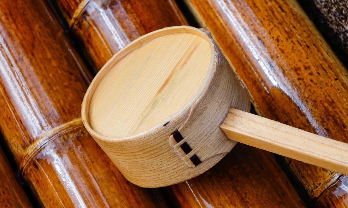 Wooden basin for washing hands at the temple, Takayama