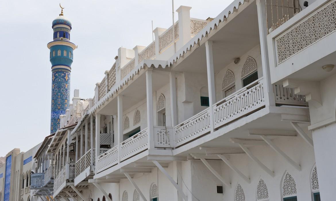 Traditional wooden balconies next to the Mutrah Souq, Muscat
